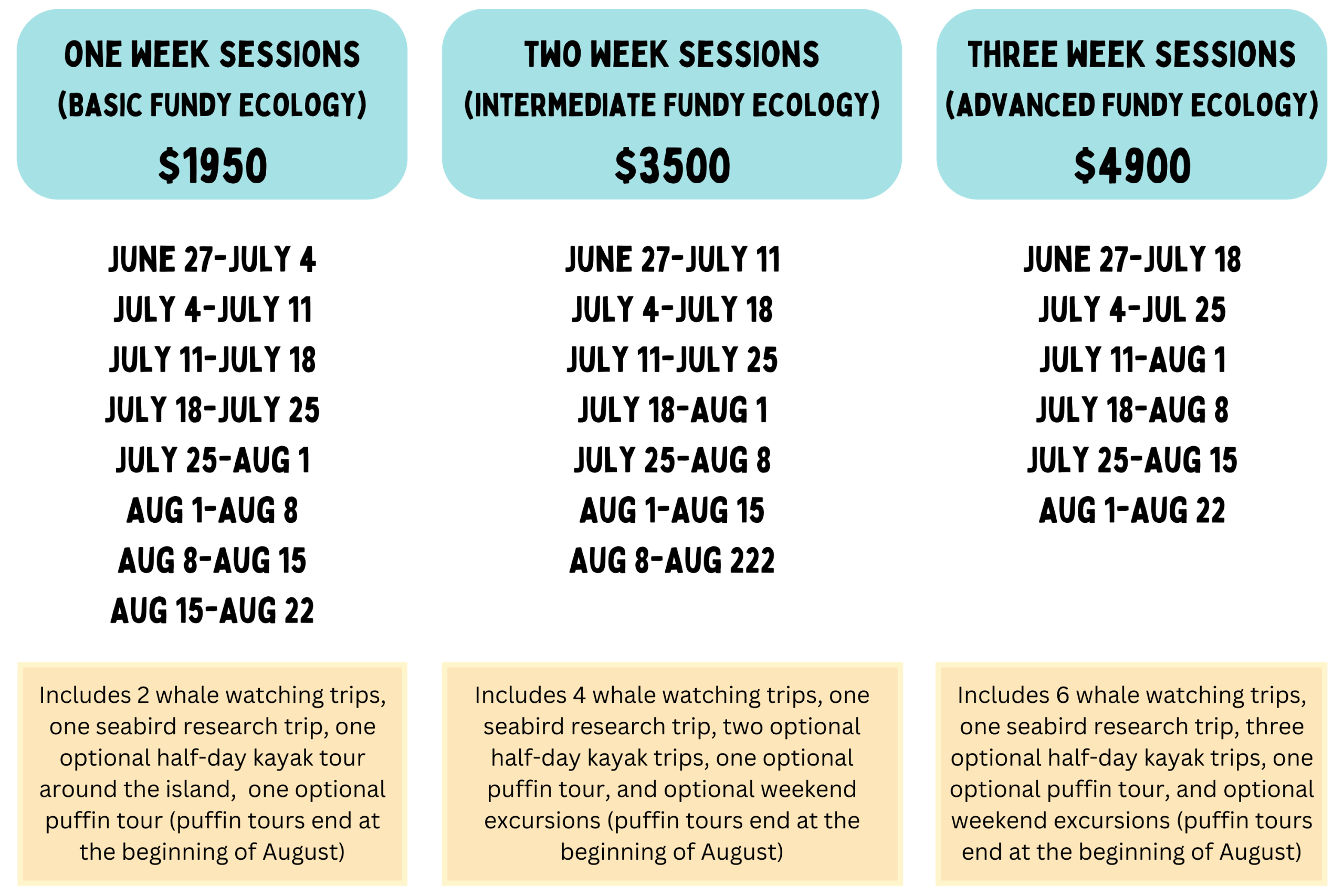 list of session dates and prices